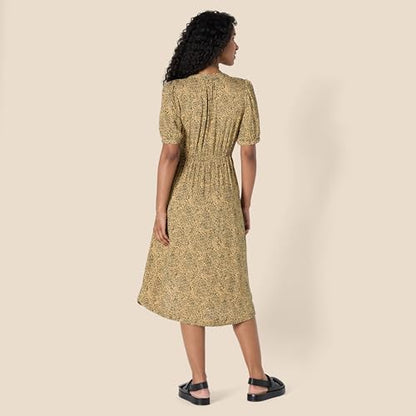 Amazon Essentials Women's Relaxed Fit Half-Sleeve Breathable Button Front Drawstring Waist Midi A-Line Dress with Pockets - color: Camel/Black - Mini Ikat Animal, size: Medium