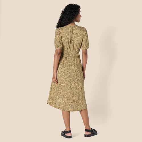 Amazon Essentials Women's Relaxed Fit Half-Sleeve Breathable Button Front Drawstring Waist Midi A-Line Dress with Pockets - color: Camel/Black - Mini Ikat Animal, size: X-Small