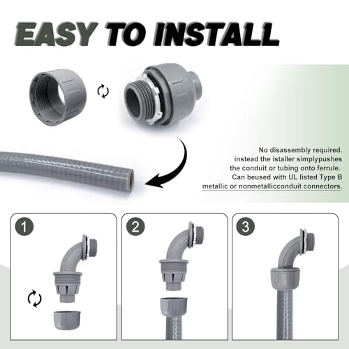 4 Pack 2 Inch Liquid Tight Connectors - PVC Electrical Conduit Fittings, Straight, 90 and 180 Degree Non-Metallic Flexible Connectors for Home, Bathroom, and Kitchen, Gray - size: 2 Inch 4-Pack (90D+180D)