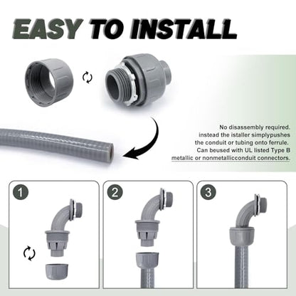 4 Pack 1 Inch Liquid Tight Connectors - PVC Electrical Conduit Fittings, Straight, 90 and 180 Degree Non-Metallic Flexible Connectors for Home, Bathroom, and Kitchen, Gray - size: 1 Inch 4-Pack (90D+180D)