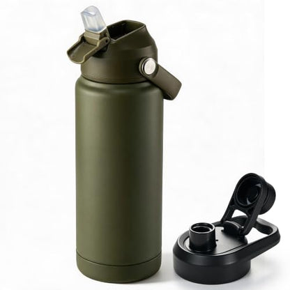 Fijinhom 24 oz Insulated Water Bottle with 2 Lids, Stainless Steel Water Bottles, Double Wall Vacuum, Portable Handle & Non-slip Bottom, BPA Free Leak Proof Metal Bottles, Keep Cold 24H, Green - color: Army Green, size: 24 Ounces