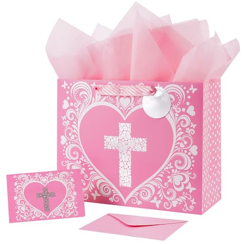 JWSCYSY 12.6" Large Pink Gift Bag with Metallic Silver Floral Cross Design, Card and Tissue Paper for Baby Girl Baptisms, Christenings, First Communions Religious - color: Pink 12.6"