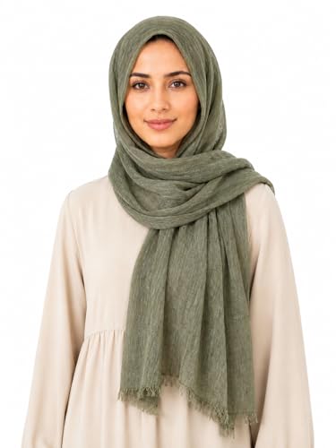 Lightweight Rayon Scarf with Cotton Linen Texture – Breathable Wrinkle Hijab, Vintage Dyed Wrap Shawl - color: Army Green