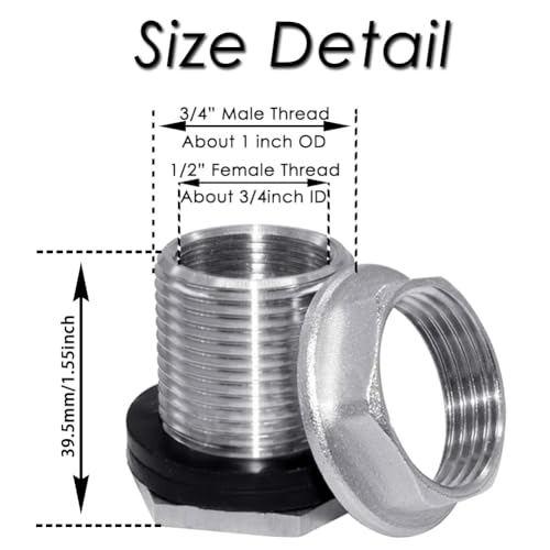 Beduan 3/4 NPS Male to 1/2 NPT Female Bulkhead Fitting Water Tank Connector Stainless Steel Thru-bulk Fitting for Water Tank Barrel (Pack of 1) - size: 3/4 NPS Male x 1/2 NPT Female, style: PackOf 1
