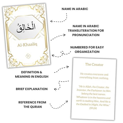 99 Names of Allah Flashcards with Quran Verses, Asma Ul Husna in Arabic and English, Islamic Book Learning and Memory Card Game, Eid & Ramadan Decorations, Muslim Prayer, Deen Supplies, White & Gold
