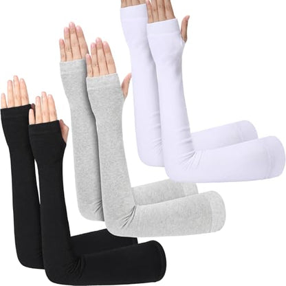 3 Pairs Sun Protection Arm Sleeves 23.6 Inch Long Fingerless Gloves for Women Cotton Arm Wrist Warmer with Thumb Hole - color: Black,light Gray, White