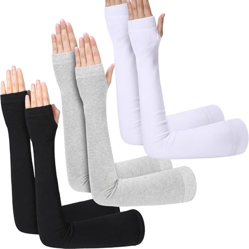 3 Pairs Sun Protection Arm Sleeves 23.6 Inch Long Fingerless Gloves for Women Cotton Arm Wrist Warmer with Thumb Hole - color: Black,light Gray, White