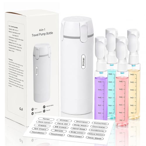 4 in 1 Travel Dispenser Bottle, Leakproof Travel Size Toiletries Holder, Refillable Portable Containers for Shampoo Lotion Conditioner Cream Transparent with Label (White) - color: White