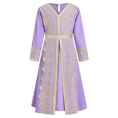 FYMNSI Kids Girls Muslim Abaya Dress Modest Lace Belted Prayer Dress Islamic Maxi Robe Kaftan Ramadan Arabian Dubai Clothes - color: Purple, size: 4-5T