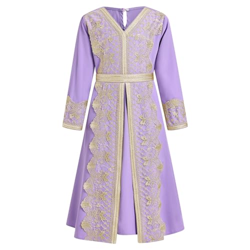 FYMNSI Kids Girls Muslim Abaya Dress Modest Lace Belted Prayer Dress Islamic Maxi Robe Kaftan Ramadan Arabian Dubai Clothes - color: Purple, size: 8-9 Years