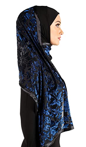 Stylish Mona Hijab Women's Black Kuwaiti with Chiffon Wrap Shawl & Satin Trim - color: Black With Blue Velvet