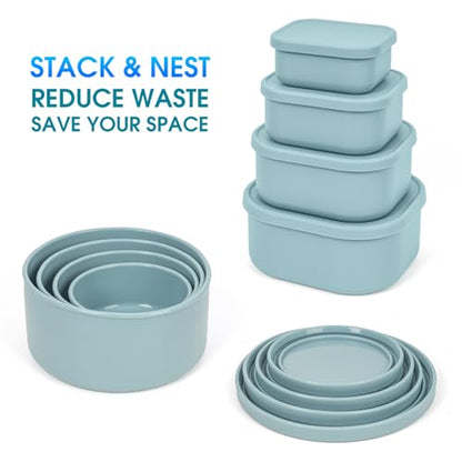 100% Silicone Food Storage Containers with Lids, 8 Pack, 10oz to 51oz, Reusable Leakproof Nesting & Stackable Silicone Bento Lunch Box, Microwave Freezer Dishwasher Oven Safe, BPA Free, Slate Green - color: Slate Green | 8 Pack