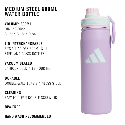 adidas Stainless Steel Metal Water Bottle 20 oz (600 mL) Screw Cap - color: Powder Plum Purple/Clear Pink/Semi Flash Aqua Blue