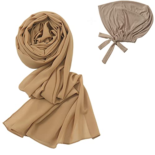 Yeieeo Instant Chiffon Hijab with Undercap (Tube or Bandage Cap), Breathable, no sweat buildup,Solid Chiffon Head Wraps - color: Camel