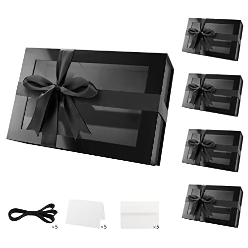 PACKQUEEN 5 Large Black Gift Boxes with Windows, 13.5x9x4.1 Inches Clear Gift Boxes for Presents Contain Ribbons, Cards, Groomsmen Proposal Boxes, Boxes with Magnetic Lids (Glossy Black) - color: Black-13.5x9x4.1 Inches-Pack of 5