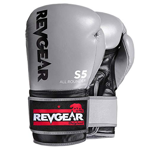Revgear S5 Leather Muay Thai & Kickboxing Gloves, MMA, UFC, Training Gear - color: Grey/Black, size: 12OZ