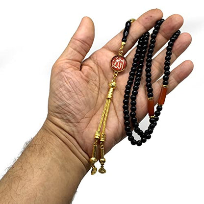 Special Prayer Beads Series -99 beads- Tesbih Tasbih Tasbeeh Misbaha Masbaha Subha Sebha Sibha (Black Shiny Agate Stone and Allah Tassel Design -6 mm Small Beads-) - color: Black Shiny Agate Stone and Allah Tassel Design -6 mm Small Beads-