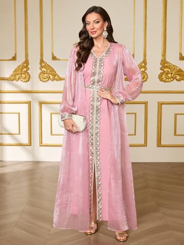 Elegant Muslim Dress with Embroidered Traditional Islamic Attire Maxi Robe Eid Prayer Gown - color: Pink, size: XX-Large