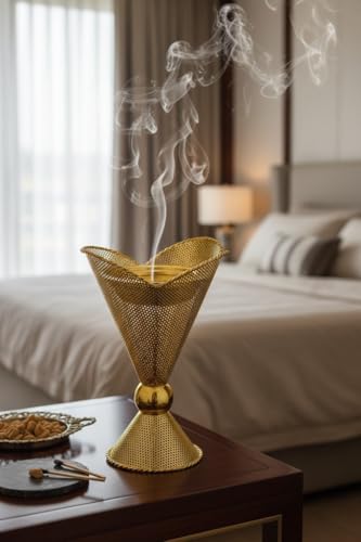 Decorative Gold Metal Incense Burner – Traditional Bakhoor Holder for Home, Ramadan & Eid Décor, Islamic Gift, Ornamental Cone-Shaped Mabkhara Stand, 5 x 5 x 9 in