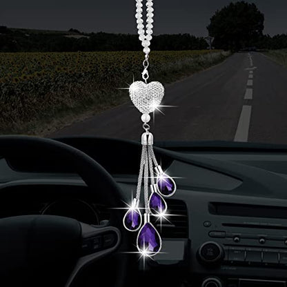 Frienda Bling Car 백미러 액세서리 여성용 선물 귀여운 하트 크리스탈 걸이 참 다이아몬드 장식 행운의 인테리어 장식품 펜던트 (24.9cm(9.8인치), 퍼플) - color: 퍼플., size: 9.8 Inch