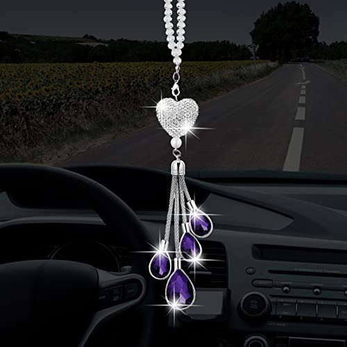 Frienda Bling Car 백미러 액세서리 여성용 선물 귀여운 하트 크리스탈 걸이 참 다이아몬드 장식 행운의 인테리어 장식품 펜던트 (24.9cm(9.8인치), 퍼플) - color: 퍼플., size: 9.8 Inch