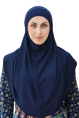 SARJANA Women's Solid Color Cotton Hijab with Under Scarf Cap Ready to Wear Stretch Scarves Long Scarfs FREE SIZE - color: Navy Blue