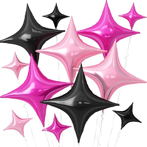 Hot Pink Black Star Balloons,12Pcs Four Angle Star Foil Balloons - color: Black Rose Red