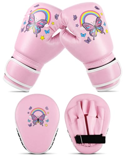 Boxing Gloves and Punching Mitts Set 4oz Gloves Boxing Pads Kids Youth Sparring Gear Training Equipment for Taekwondo Kick Karate Muay Thai MMA Martial Art - style: Pink Butterfly