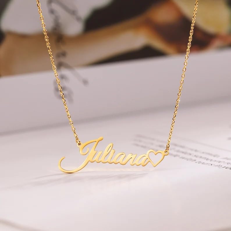 Yoke Style Custom Arabic Name Necklace with Heart, 18K Gold Plated Nameplate Necklace Dainty Jewelry Gifts for Women - color: English Name Necklace with Heart-Gold-01