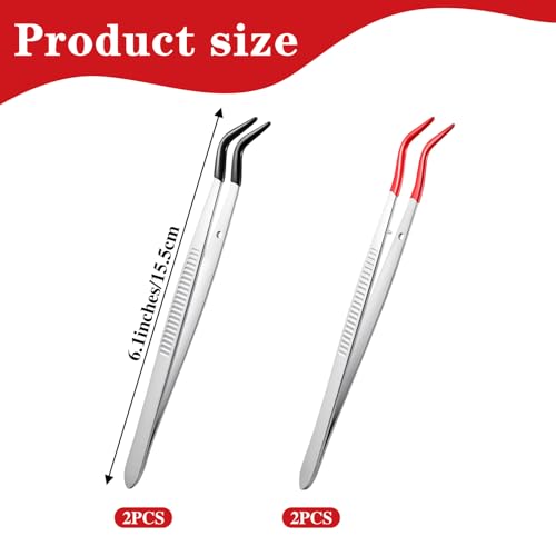 4 PCS Long Craft Tweezers with Rubber Tips Set, Curved Bent and Straight Pvc Coated Non Marring Soft Tweezers for Stamps Beads Coins Stainless Steel Jewelry Tools (Red, Black) 6 Inch