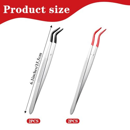 4 PCS Long Craft Tweezers with Rubber Tips Set, Curved Bent and Straight Pvc Coated Non Marring Soft Tweezers for Stamps Beads Coins Stainless Steel Jewelry Tools (Red, Black) 6 Inch