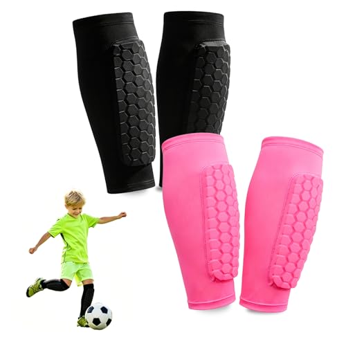 2 Pairs Shin Guards Soccer Kids,Soccer Shin Guards Youth for Boys Girls Protective Gear,Calf Compression Sleeve with Honeycomb Pads for Pickleball Football Ski MTB - color: Black+Bright Pink, size: Large