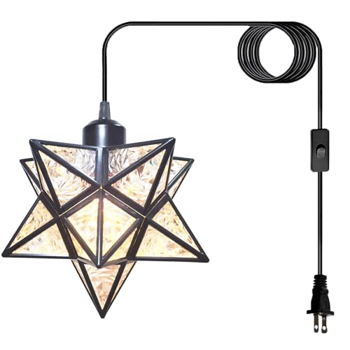 Plug-in Moravian Star Pendant Light with 16.5ft Cord and Switch, Modern Farmhouse Black Hanging Light for Kitchen Island Bedroom Hallway Porch Etc(LED Bulb Include) - color: Black-Matt