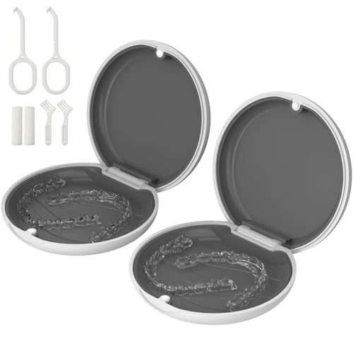 2 Pack Retainer Case, Slim Aligner Case for Invisalign with Tool Kit | 2 Pack Slim Magnetic Retainer Case for Invisalign • Pocket-Size for Travel • Full Kit: Removal Tool, Aligner Seater & Brush - color: 2 Pack - White