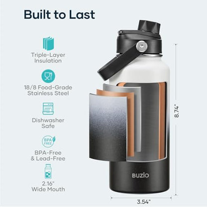 BUZIO 32 oz Water Bottle Insulated, Leakproof Stainless Steel Flask (Cold for 48 Hrs), Wide Mouth BPA-Free Metal Thermo Hydro Canteen with 2 Lids, Day & Night - color: Day & Night, size: 32 Ounces
