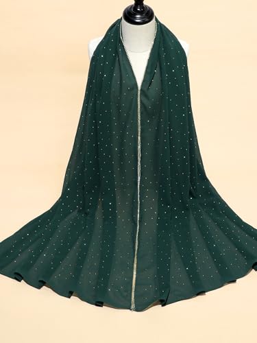 Geyoga Hijab Scarf for Women Soft Chiffon Rhinestone Long Scarf Shawl Fashion Muslim Hijab Head Wrap Scarves - color: Dark Green