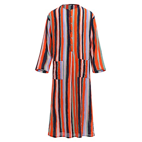 IDOPIP Men's Muslim Thobe Long Sleeve Striped Robe Gown Arab Islamic Kaftan Abayas Dress Middle East Dubai Ramadan Clothing - color: Orange, size: Small
