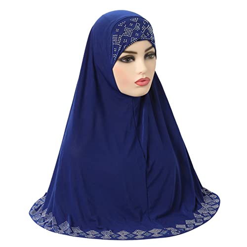 ZGMYC Women Shiny Rhinestones Muslim Hijab Elegant Long Turban Cap Head Wrap Scarf - color: Blue