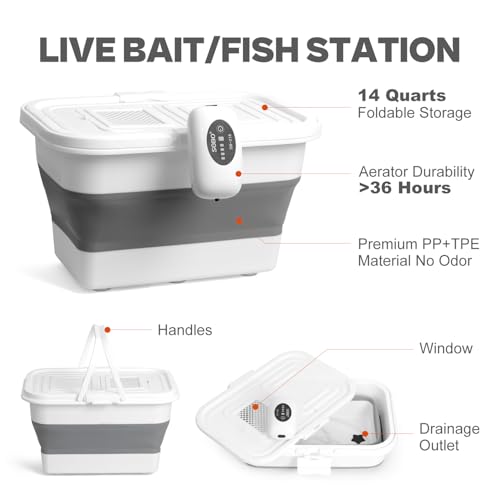 VEYWANE Live Bait or Fish Bucket with Aerator, 14 Quarts Multi-Function Collapsible Fishing Container Box with Rechargeable Air Pump - color: Bucket+Aerator