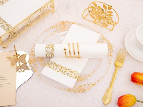 Hioasis 175pcs Clear and Gold Plastic Plates - Elegant Disposable Dinnerware Set Suitable for 25 Guests Include 10.25" Dinner & 7.5" Dessert Plates, Pre Rolled Silverware Set, Cups for Party & Wedding - color: Clear and Gold