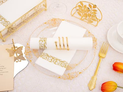 Hioasis 175pcs Clear and Gold Plastic Plates - Elegant Disposable Dinnerware Set Suitable for 25 Guests Include 10.25" Dinner & 7.5" Dessert Plates, Pre Rolled Silverware Set, Cups for Party & Wedding - color: Clear and Gold