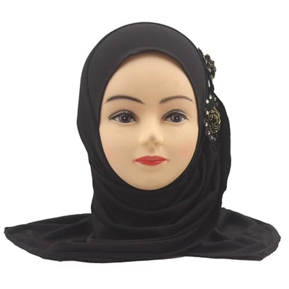 Soft Instant Hijab for Kids Girls Muslim Headscarf Islamic Scarf Shawl Wrap with Flowers - color: Black-2 Flowers