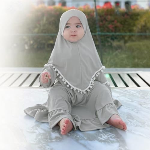 IWEMEK Infant Baby Girl Prayer Dress Kids Muslim Clothes for Toddler Girls Abaya with Hijab Ruffle Islamic Eid Ramadan Outfit - color: Gray, size: 2-3 Years
