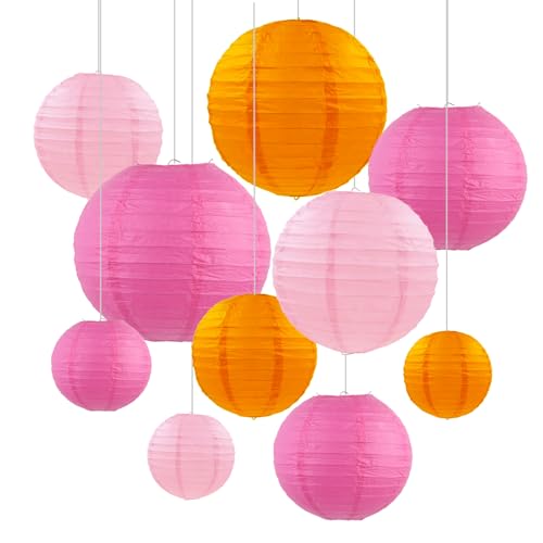 ZOOYOO 10Pcs Paper Lanterns,Pink Orange Round Hanging Tissue Paper Lanterns Decorations for Birthday,Wedding,Graduation,Baby Shower,Mother's Day,Fall Garden Home Decor - color: Orange Pink