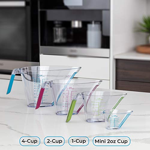 Liquid Measuring Cups with Spouts, 4-Piece Angled Plastic Set, 1 to 4 Cups | BPA-Free, Mini Cup Included, Read Measurements from Above, Easy-Read ML, Oz and Cup Markings, For Cooking, Baking and Mixing.