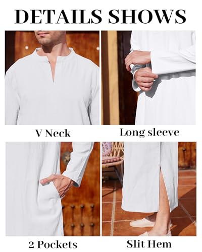 LVCBL Kaftan Thobe 남성용 빅 앤 톨 무슬림 로브 남성용 긴소매 카프탄 - color: 화이트., size: 라지