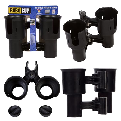 (Black), Patented Clamp On Boat Cup Holder |Multifunction Dual Drink Caddy for Fishing Poles, Tools, Net, Gaff |Portable Storage for Boating, Beach, Umbrellas, Golf Carts, Strollers - color: Black, size: Standard Spring