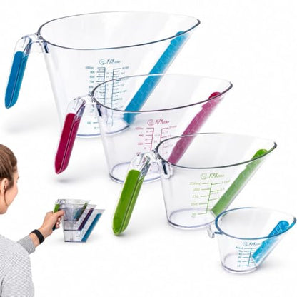 Liquid Measuring Cups with Spouts, 4-Piece Angled Plastic Set, 1 to 4 Cups | BPA-Free, Mini Cup Included, Read Measurements from Above, Easy-Read ML, Oz and Cup Markings, For Cooking, Baking and Mixing.