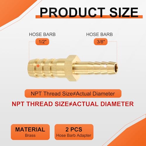 2 Pack Brass Hose Barb Adapter, 3/8" Barb To 1/2" for Industrial, Automotive, Fluid Transfer, Home Gardening, and Water Treatment - size: 3/8" Barb To 1/2"