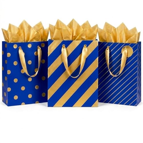MilkToast Brands 3 Pack Medium Gift Bags Set – Blue & Gold Designs (Polka Dot, Stripes) with Tissue Paper & To/From Tags – Premium Birthday, Holiday Gift Wrapping Bags (Blue) - color: Blue & Gold